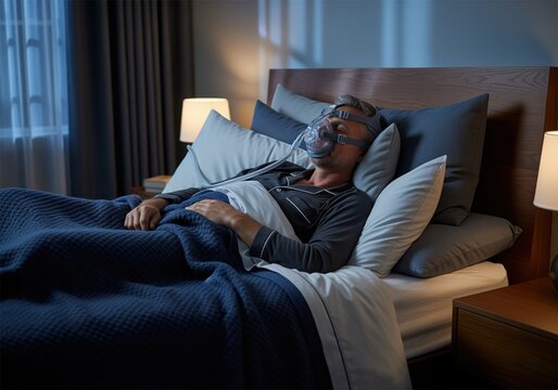 Middle aged man sleeping comfortably in bed wearing a CPAP mask for sleep apnea therapy. - Powered by Adobe