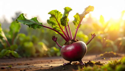 Ein fotorealistischer Rote Beete Charakter der jubelnd seine Arme nach oben streckt alleine auf dem Feld vor B&uuml;schen im Hintergrund