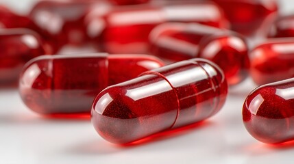 Multiple translucent red gelatin capsules are scattered across a bright surface with shallow depth of field