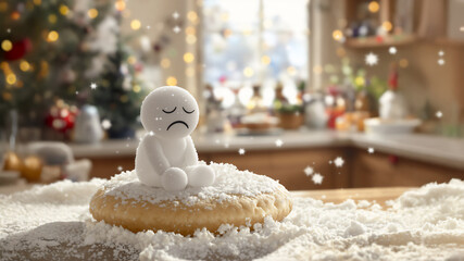 Ein trauriges M&auml;nnlein aus Zucker sitzt auf einem Kuchen auf dem K&uuml;chentisch, im Hintergrund eine K&uuml;chenszene mit Fenster und Zuckerkristalle, die wie Schnee durch den Raum schweben, fotorealistisch