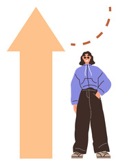 Smiling woman in casual outfit standing beside a large upward arrow, symbolizing confidence and success. Ideal for growth, inspiration, empowerment, optimism, career, progress personal goals. Simple