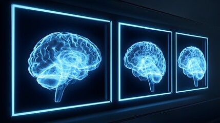 Three glowing blue holographic representations of a human brain are displayed in descending size order.