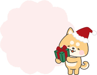 プレゼントを持つサンタ帽を被った赤柴と吹き出し