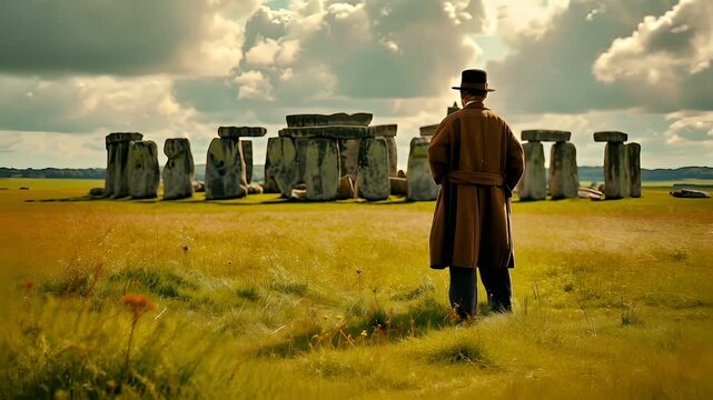 A man in a brown coat and hat stands in a grassy field with a stonehenge monument in the background. The sky is partly cloudy, and the sun casts a warm glow over the scene.