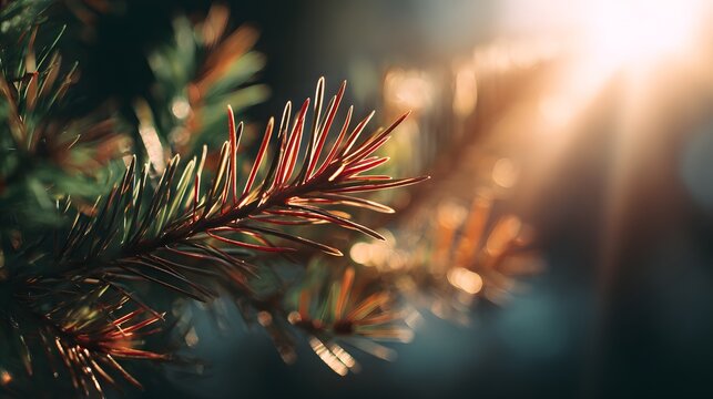Sunlight illuminates the fine needles of an evergreen branch in a close up natural setting.