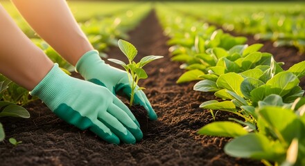 Gardening Hands Planting Seedling in a Lush Farm Field at Sunrise