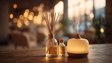 Illuminated aroma diffuser and reed diffuser set rest upon a wooden surface indoors