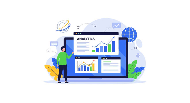 Flat vector illustration of global online marketing, person standing next to giant laptop with analytics graphs