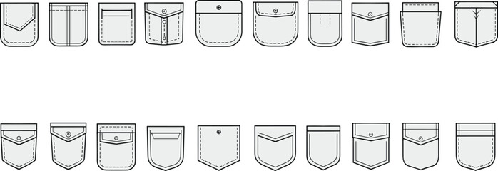 Pocket design set, garment construction styles, flap and button variations, stitching details, fashion accessory mockup, clothing template, cad drawing flat vector illustration