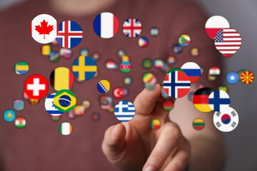 Concept image showcasing world flags in a global connection. Illustrates international relations, travel, and global community. Ideal for divers