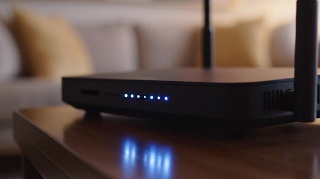 Black Wireless Router with Blue Lights on Brown Wooden Table in Living Room with White Sofa in Soft Focus Indoor at Home
