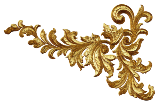 Ornate golden baroque flourish element on black background scroll, Isolated On Transparent Background, Png Cut Out