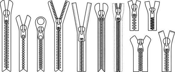 Zipper design collection, black and white line drawings, stylized textile hardware, garment accessory mockup, fashion sketch template, cad drawing flat vector illustration