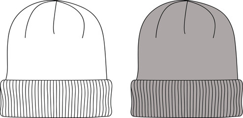 Beanie design comparison, black and gray knit cap styles, ribbed brim detail, fashion headwear mockup, garment template, cad drawing flat vector illustration © Mahidul