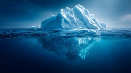 Massive frozen structure floats above and below the surface of deep blue ocean waters