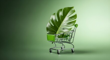Green Shopping Cart with Monstera Leaf Sustainable Retail and Eco-Conscious Consumerism