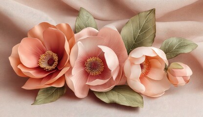 Close-Up Shot of Peach-Colored Flowers with Green Leaves and Glitter Against Textured Rose Gold Background