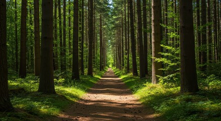 Obraz premium Serene Green Forest Pathway Extending Through Tall Verdant Trees Under Bright Sunlight