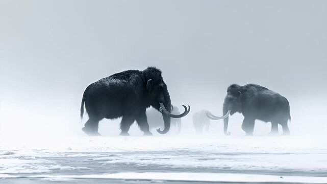 A detailed, realistic portrayal of a woolly mammoth in a misty environment. The mammoth is depicted in a side profile, with its tusks prominently displayed.