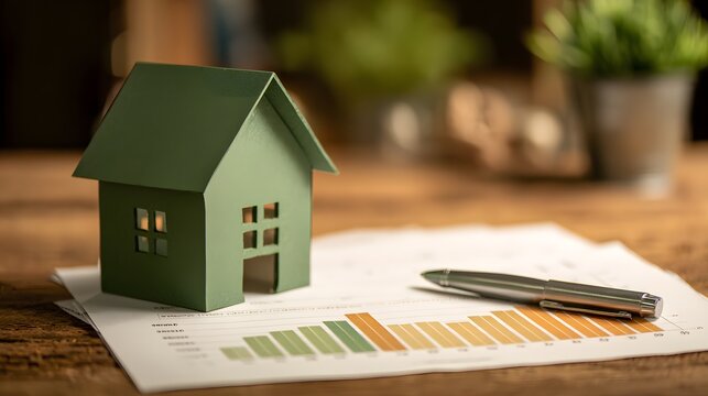 Small green model home rests upon a printed document featuring a colorful bar graph beside a writing instrument
