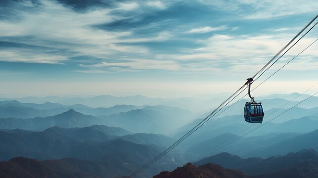 Single aerial tramway car traverses above layers of misty mountain ranges under a cloudy sky