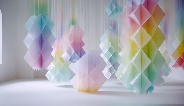 Abstract Colorful Geometric Hanging Paper Sculpture Displayed in a White Interior