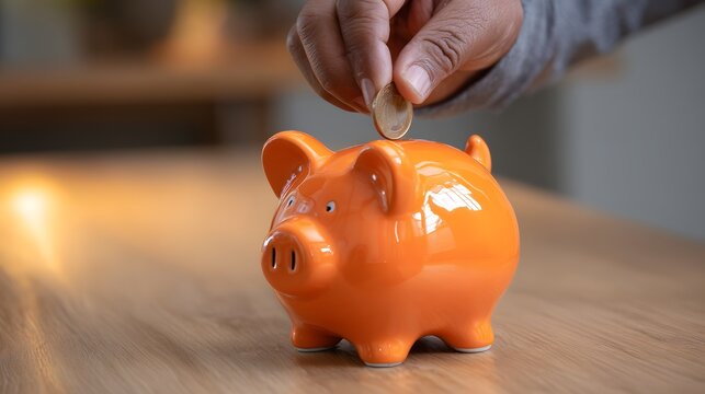 Human hand deposits small circular currency into bright orange ceramic savings container