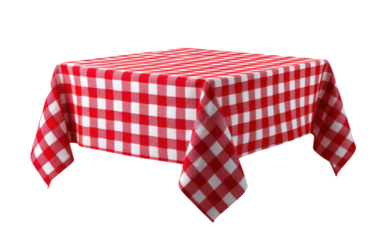 Red and white checkered tablecloth draped over a square table isolated on black gingham, Isolated On Transparent Background, Png Cut Out