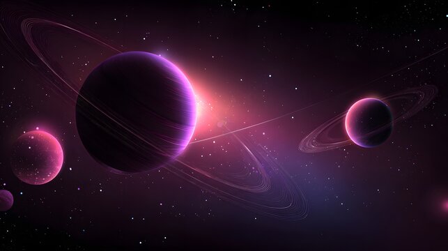 Multiple ringed planets illuminate a vibrant, dark expanse of outer space.