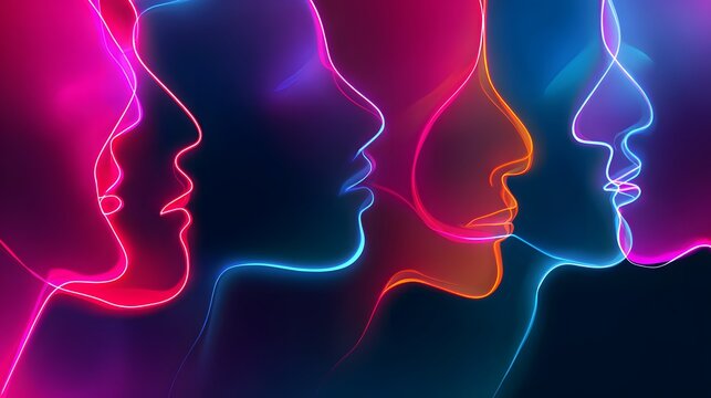 Multiple glowing outlines of human profiles emerge from a dark background with vibrant neon colors