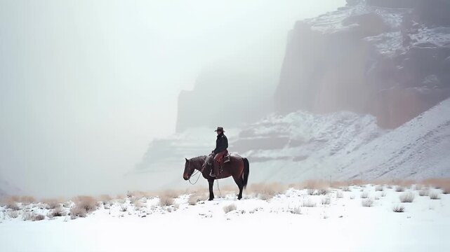A lone cowboy on horseback in a snowy landscape with misty mountains in the background. The style is cinematic, with a focus on the interplay of light and shadow, creating a moody atmosphere.