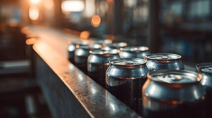 Metal beverage containers move along a darkened industrial conveyor belt system