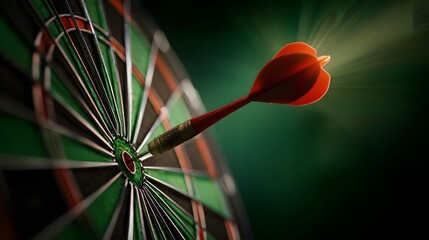 Red dart perfectly strikes the bullseye center of a dark green and black game board