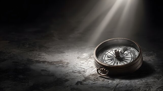 Antique navigational instrument rests upon a textured surface illuminated by dramatic overhead light rays