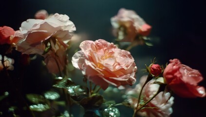 Close Up Shot of Pink Roses in Bloom with Water Droplets Against a Dark Background