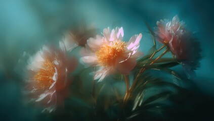 Close Up Shot of Pink Peony Flowers in Soft Focus with Teal Background and Delicate Lighting
