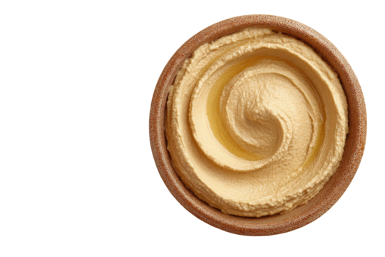 Creamy hummus swirled with olive oil in a rustic bowl against black spread chickpea, Isolated On Transparent Background, Png Cut Out - Powered by Adobe