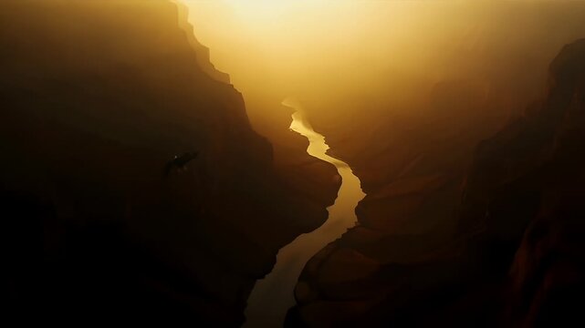 A silhouette of a bird in flight against a golden backdrop. The bird appears to be a condor, with its wings spread wide. The background is a gradient of warm colors.