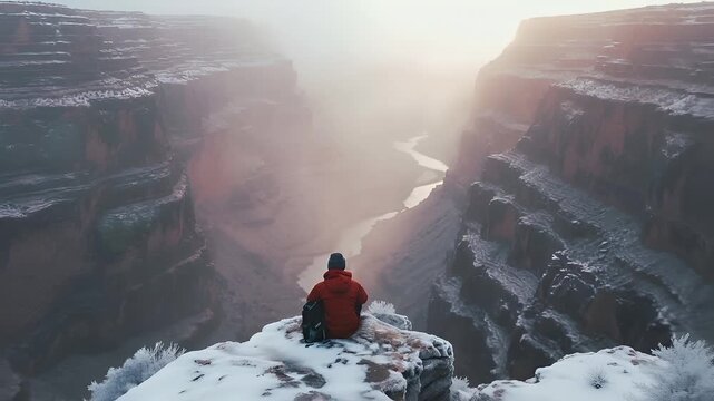 A person in a red jacket and black beanie sits on a snowy ledge overlooking a misty canyon. The persons back is to the camera, and they appear to be gazing into the distance.