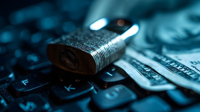 Secure financial transactions utilize a metal padlock resting upon a computer keyboard beside paper currency