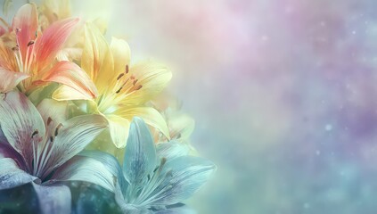 Close Up of Colorful Lily Flowers with Soft Lighting and Blurred Pastel Background