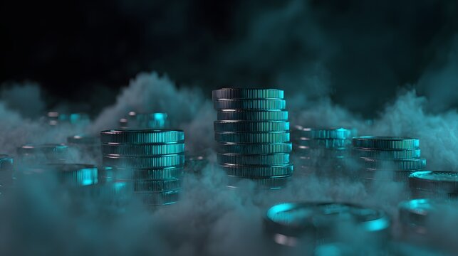 Numerous metallic currency units stacked and scattered amidst swirling blue illuminated mist