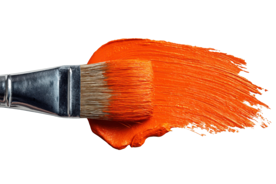 Close up of a paintbrush with bright orange paint stroke on black background image, Isolated On Transparent Background, Png Cut Out