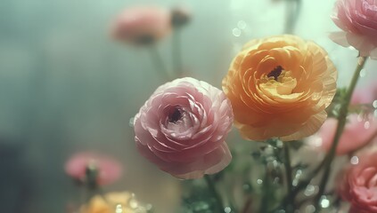 Close Up of Colorful Ranunculus Flowers Displayed with Water Droplets on Misty Background