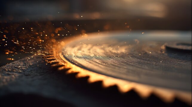 Spinning circular saw blade emits bright sparks during intense material processing