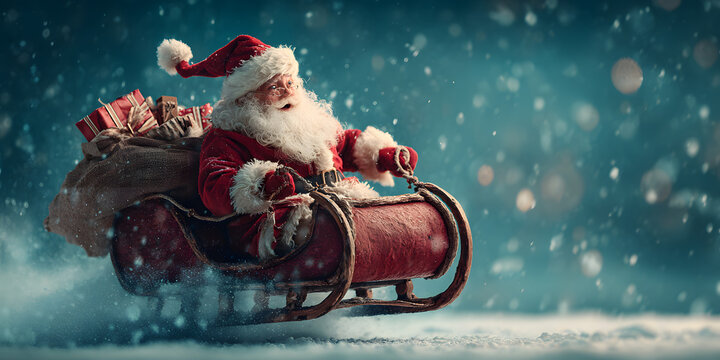 santa claus flying on a sleigh crazy fast funny with his bag on christmas gift present delivery panorama background blue stars / Weihnachtsmann rasant lustiug schnell auf Schlitten isoliert