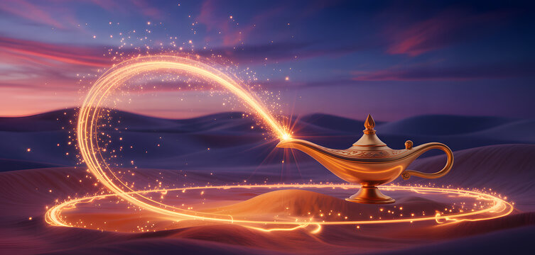 Magic lamp with swirling golden light on sand dunes, fantasy mystery and Arabian legend concept background