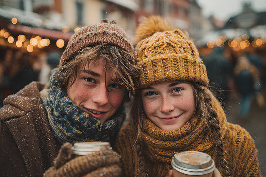 Young happy couple enjoying their romantic date while warming up with hot beverages.