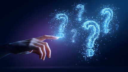 Human finger interacts with glowing digital question marks generating light particles