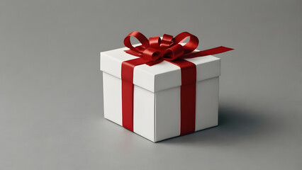 Obraz premium A beautifully wrapped white gift box with a festive red ribbon bow, isolated on a simple and elegant gray background for any occasion